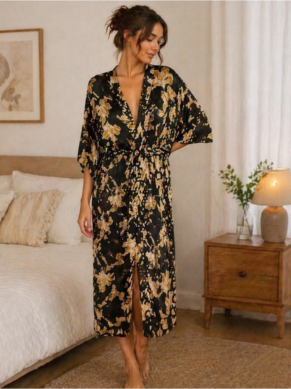 Maison du Soir Floral Kimono Robe - Black & Gold - Lightweight Summer Cover-Up